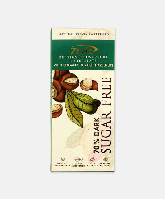 Zevic Organic Turkish Hazelnuts 70% Dark Sugar Free Chocolate 40 Gm